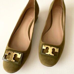 Tory Burch Olive Green Suede Logo Ballet Flats